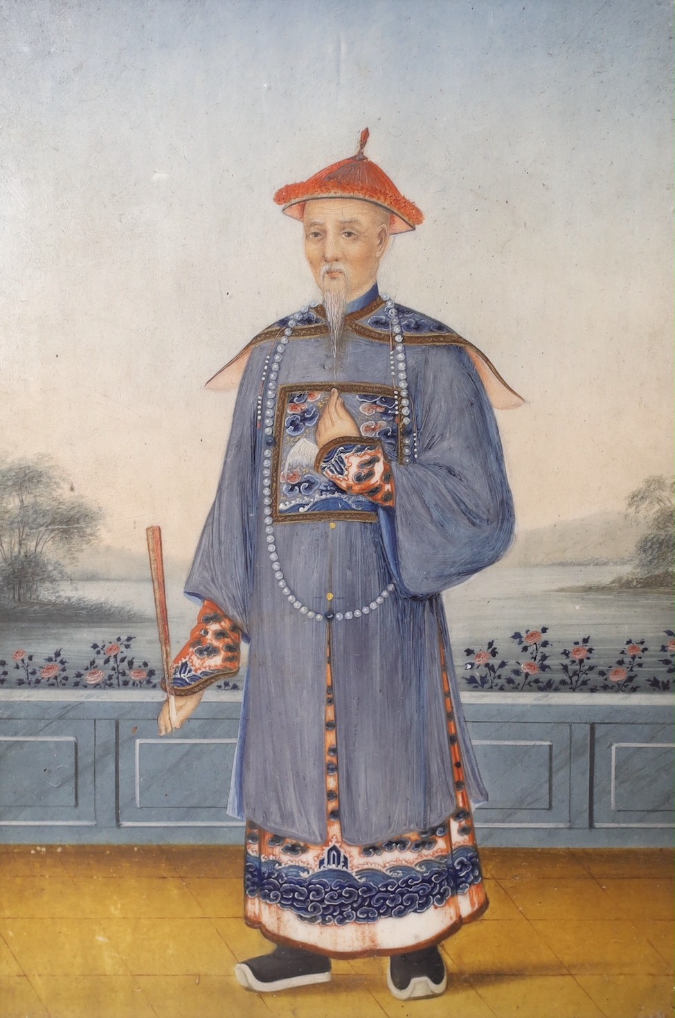 Chinese School, c.1850, gouache on ivory, man standing on a terrace, 13 x 9cm